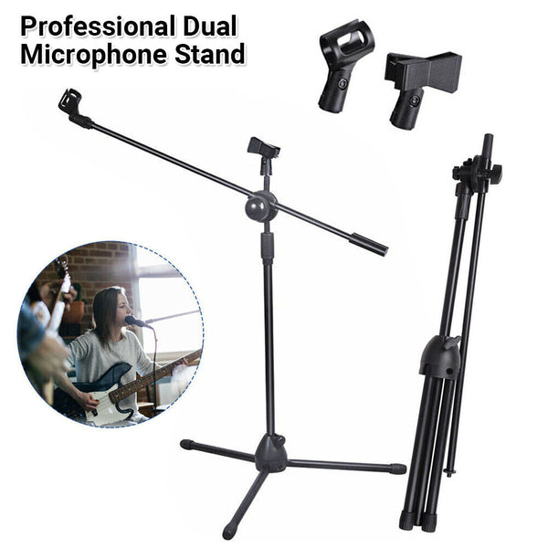 Professional Dual Microphone Stand Telescopic Boom Adjustable Mic Holder Tripod