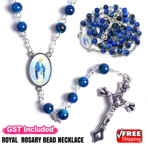 Rosary Beads Bead Blue Glass Necklace Crucifix Catholic Jesus Mary Catholic