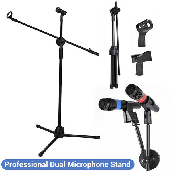 Professional Dual Microphone Stand Telescopic Boom Adjustable Mic Holder Tripod