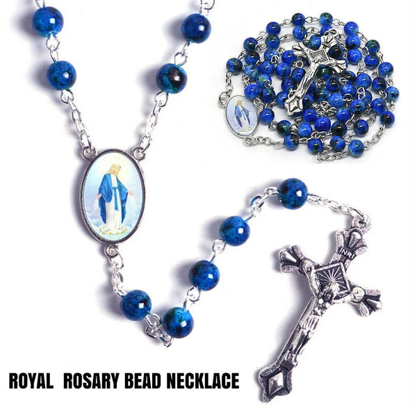 Rosary Beads Bead Blue Glass Necklace Crucifix Catholic Jesus Mary Catholic