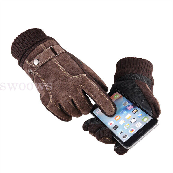 Winter Warm Men Thick Leather Gloves Driving Gloves Touch Screen Mitten Thermal