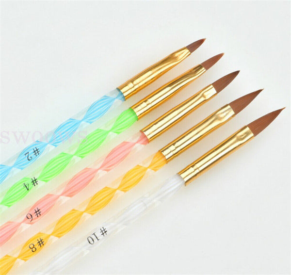 5pcs x New Sable Nail Art Acrylic Brushes in Sizes 4 6 8 10 12 Gel Drawing