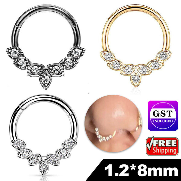 Surgical Steel 16g CZ Hinged Ring Clicker Nose Ear Tragus Septum Piercing 1/2pc