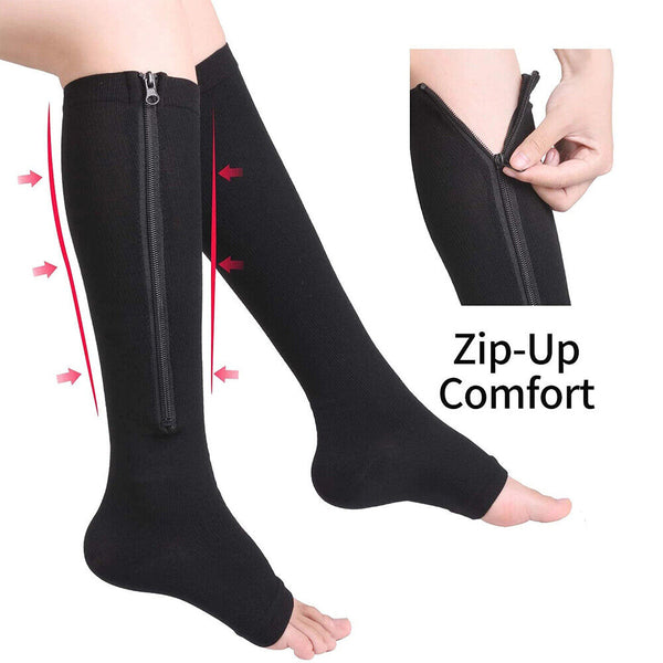 Zip Sox Compression Socks Zipper Leg Support Knee Open Toe Shaper Stockings New