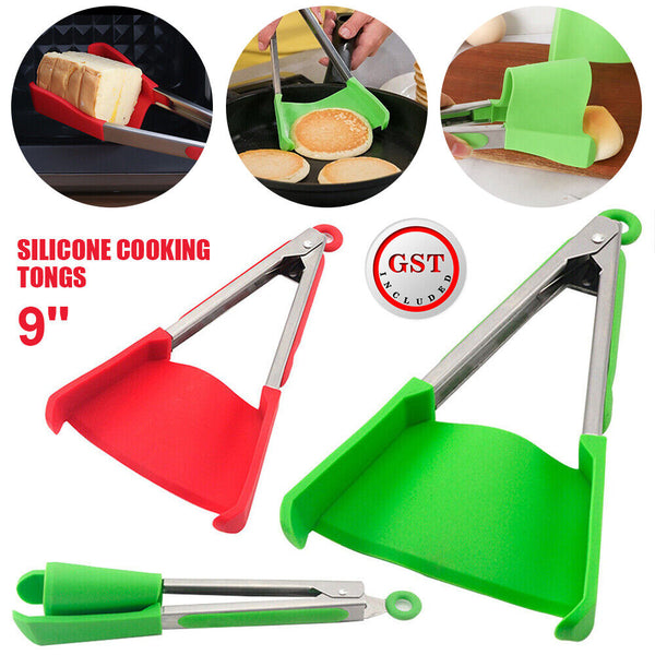 Silicone Cooking Tongs Heat Spatula Stainless Steel Resistant Frame Gadget BBQ