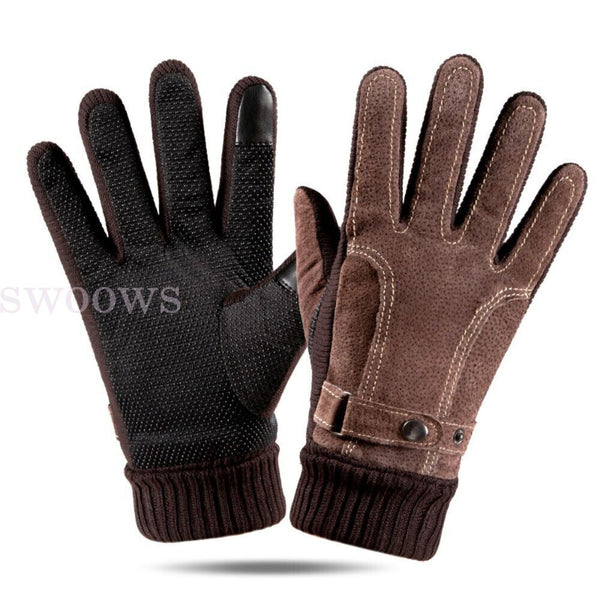 Winter Warm Men Thick Leather Gloves Driving Gloves Touch Screen Mitten Thermal