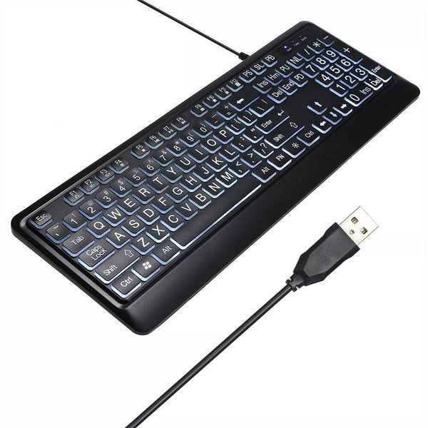 104Key Large Print USB Interface Multimedia Wired Keyboard LED Backlit for Elder