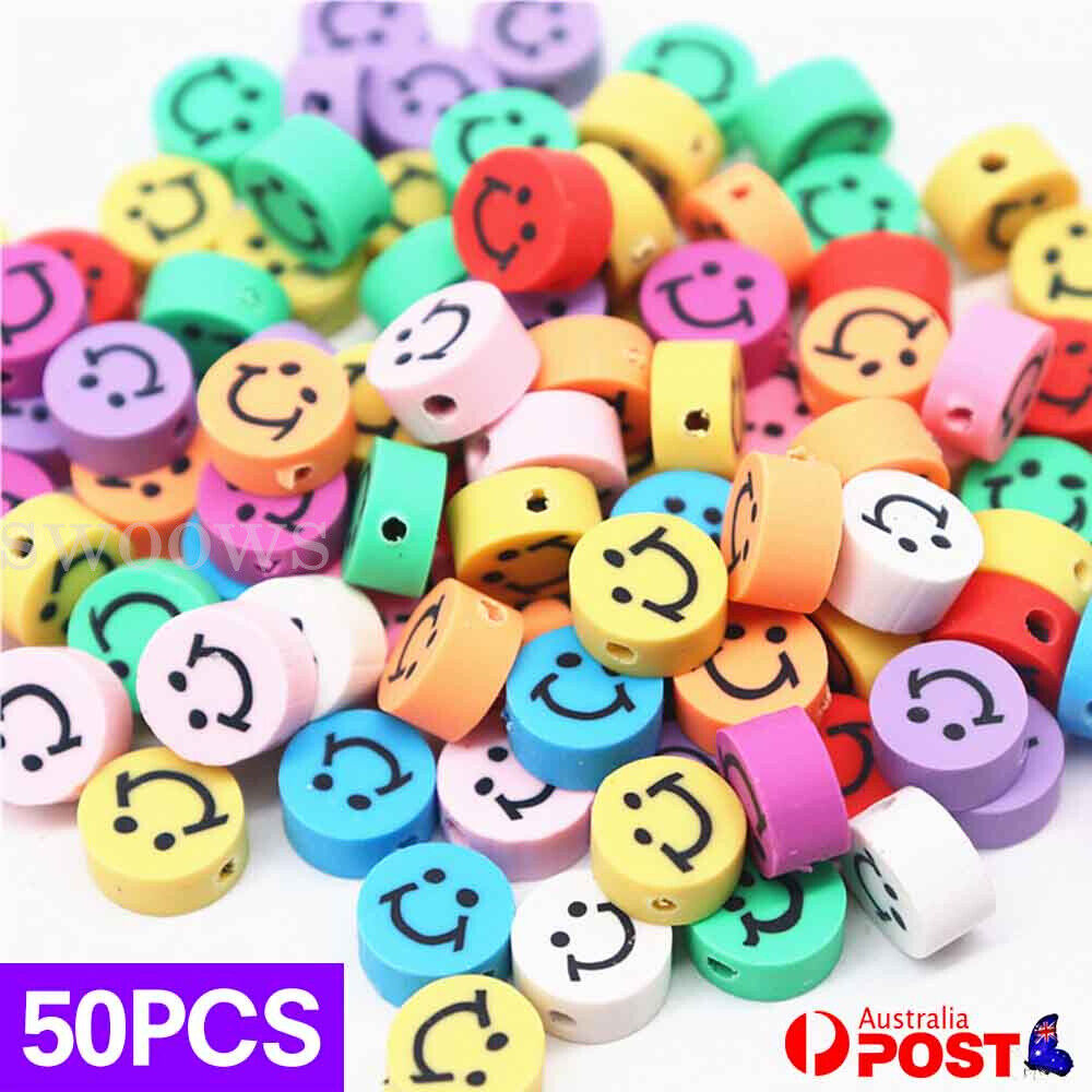 50pcs 10mm Smiley Face Pony Beads Polymer Clay Fun Mix DIY Jewellery Spacer AU