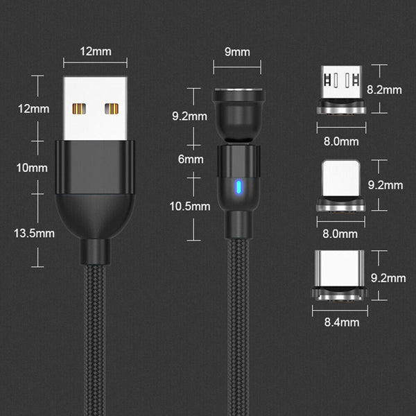 1-2PCS Magnetic 540° Cable-Rotate Phone Charger Cord Durable Nylon Braid-Fast 1M