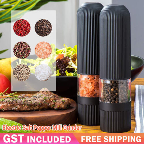 2PCS Adjustable Electric Salt & Pepper Grinder Mills Shakers Set With Holder Au