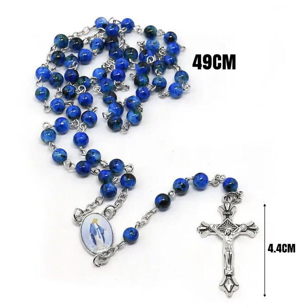 Rosary Beads Bead Blue Glass Necklace Crucifix Catholic Jesus Mary Catholic