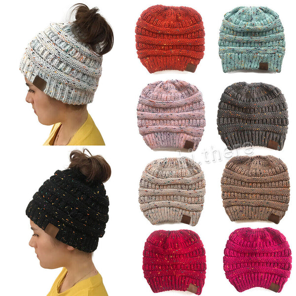 Women's Beanie Ponytail Messy Bun BeanieTail Multi Color Ribbed Winter Hat Cap