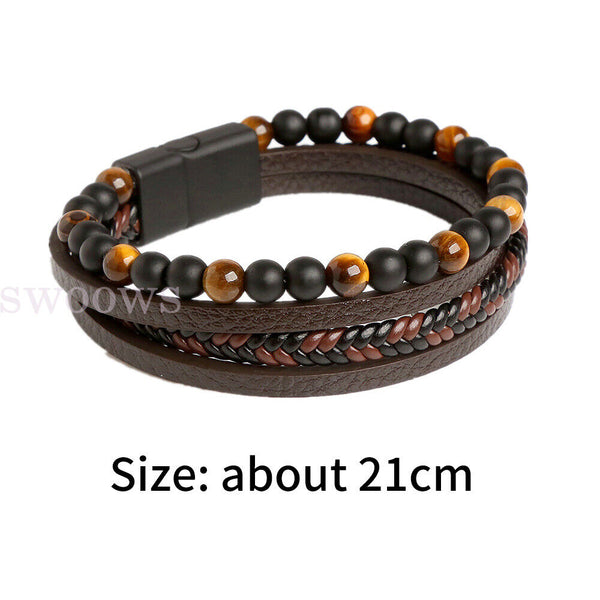 Mens Leather Braided Surfer Wristband Bracelet Tiger Eyes Beaded Bangle Gift