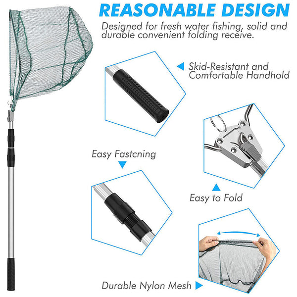 Telescopic Folding Aluminum Fishing Landing Net 3 Section Extending Pole 210cm