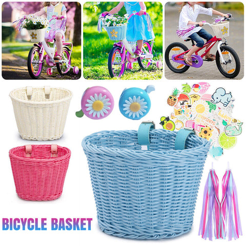 1/2x Kids Bicycle Basket Kit Front Handlebar Wicker Basket Streamers Bike Decor