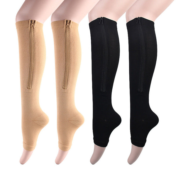 Zip Sox Compression Socks Zipper Leg Support Knee Open Toe Shaper Stockings New