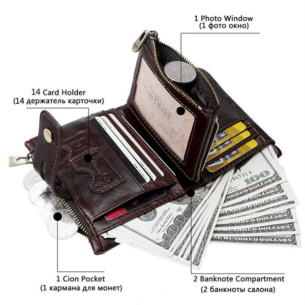 Men's RFID Blocking Wallet Genuine Leather Purse Card Slots Coins Holder Chain