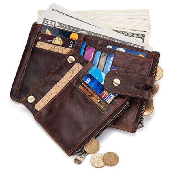 Men's RFID Blocking Wallet Genuine Leather Purse Card Slots Coins Holder Chain