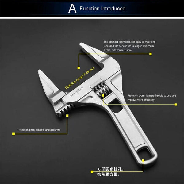 1-2x Adjustable Mini Wrench with Large Opening Big Jaw Tool Adjustable Spanner