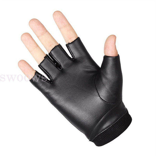 Mens Motorcycle Fingerless Leather Half Finger Driving Biker Black Gloves