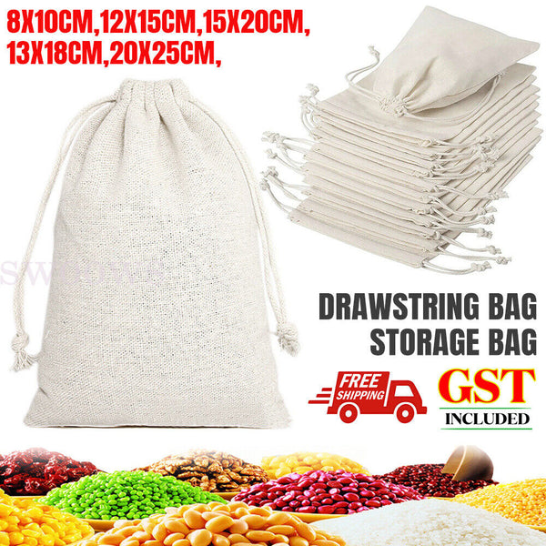 10-100X  Drawstring Storage Bags Calico Bags Natural Linen Tote Gift Bag Bulk