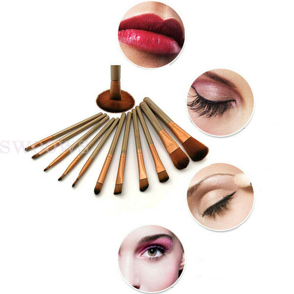 PROFESSIONAL Makeup Brush Set Cosmetic Complete Tools Powder Golden + Case 12PCs