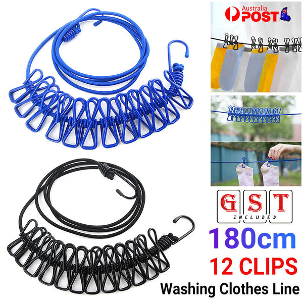 12 Clips Camping Rope Peg Washing Clothes Line Travel clothesline Portable AUS