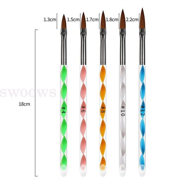 5pcs x New Sable Nail Art Acrylic Brushes in Sizes 4 6 8 10 12 Gel Drawing