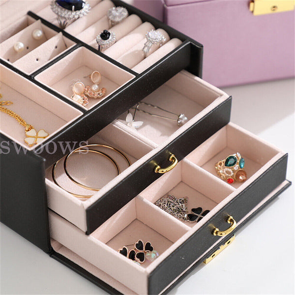 Jewellery Box Organizer Case Holder Storage Earring Ring Jewelry Display Leather