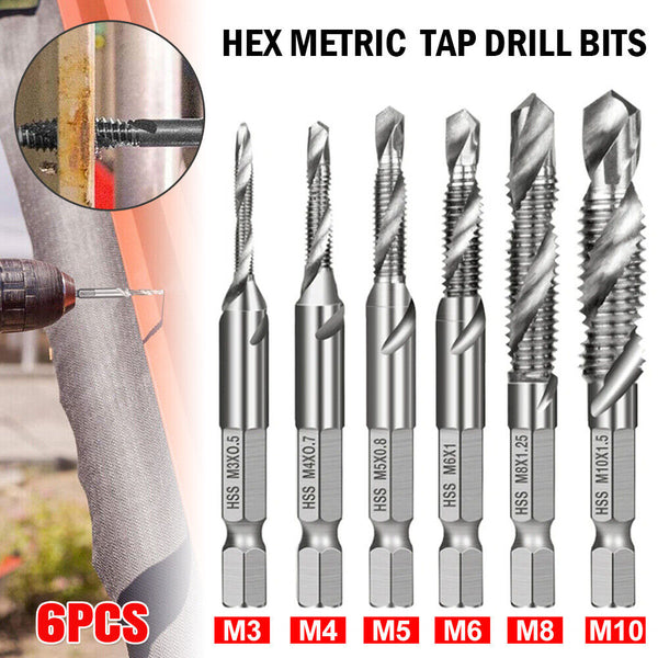 6X HSS Hex Shank Tap Drill Bits Metric Thread Screw Compound Tapping Set Tool