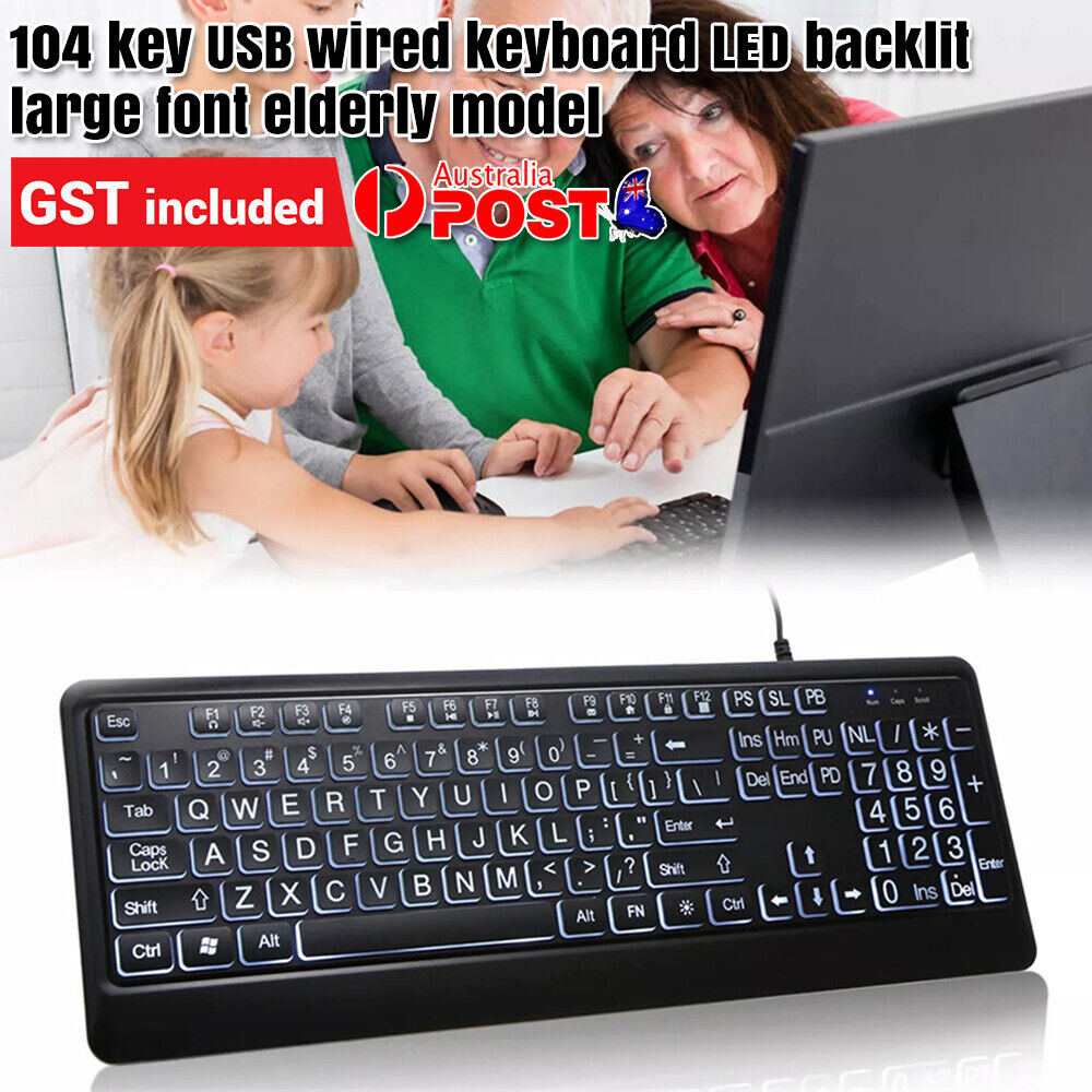 104Key Large Print USB Interface Multimedia Wired Keyboard LED Backlit for Elder