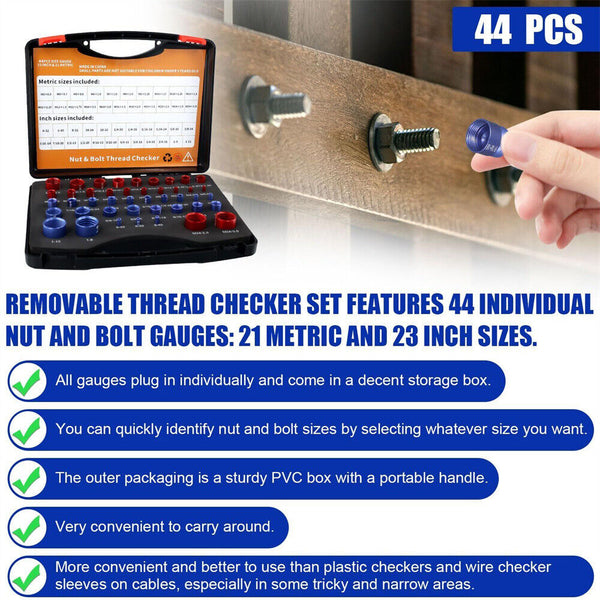 Thread Checker 44PCS Nut and Bolt Inch and Metric Screw Thread Identifier Gauge