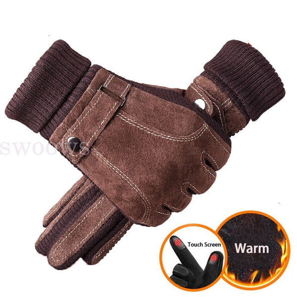 Winter Warm Men Thick Leather Gloves Driving Gloves Touch Screen Mitten Thermal