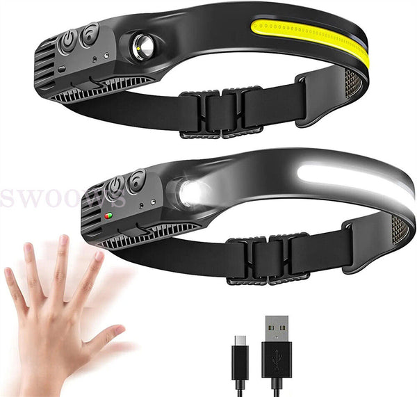 Waterproof COB LED Headlamp Motion Sensor Head Torch USB Rechargeable Headlight