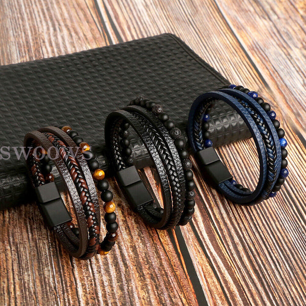 Mens Leather Braided Surfer Wristband Bracelet Tiger Eyes Beaded Bangle Gift