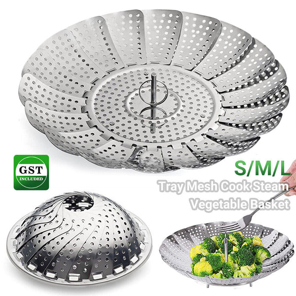 Up 2X Tray Mesh Cook Steam Vegetable Basket Stainless Steel Folding Steamer 23CM