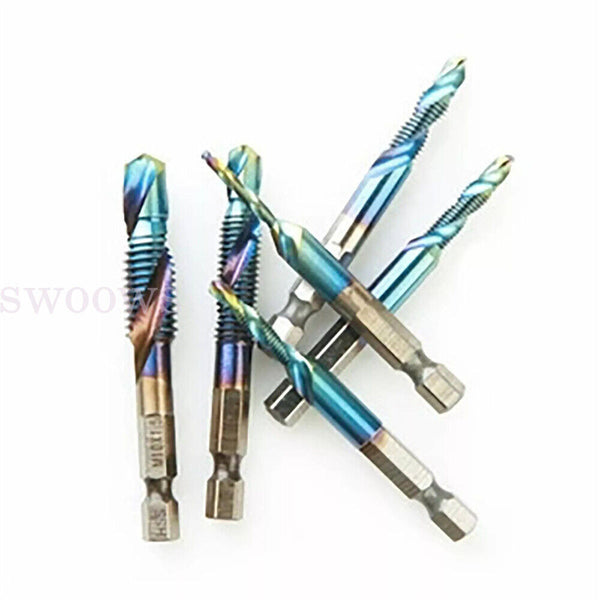 6PCS Metric Thread M3-M10 Titanium Coated Drill and Tap Bits 1/4 Hex Shank Tools