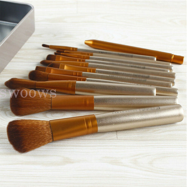 PROFESSIONAL Makeup Brush Set Cosmetic Complete Tools Powder Golden + Case 12PCs