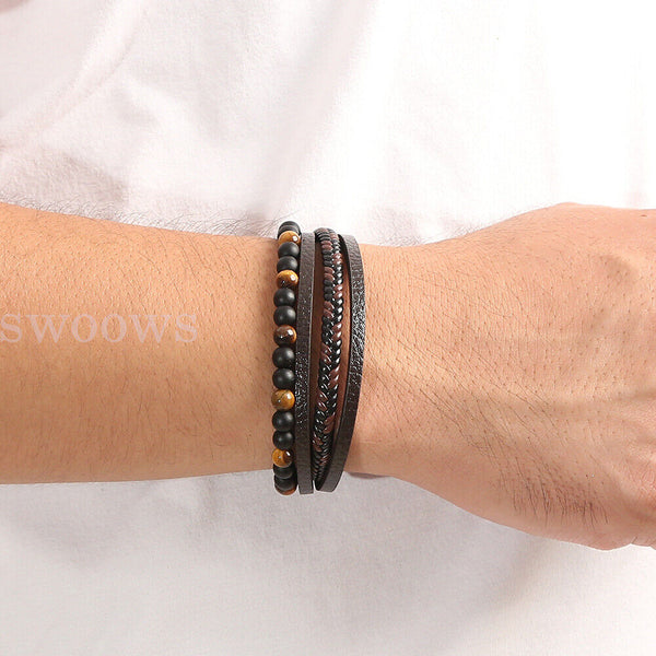 Mens Leather Braided Surfer Wristband Bracelet Tiger Eyes Beaded Bangle Gift