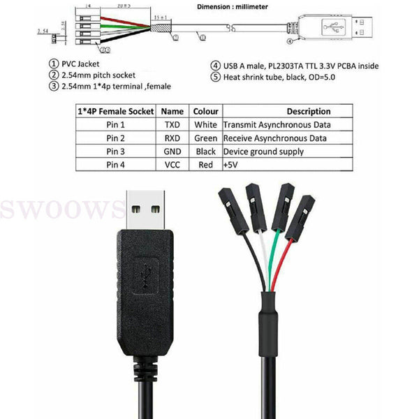 USB to TTL Serial 3.3V 4-pin Wire Cable PL2303 USB Module USB Cable 70cm