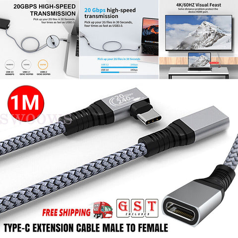 USB 3.1 Type-C Extension Cable USB-C Male to Female Charging 240W 4K 20Gbps Cord