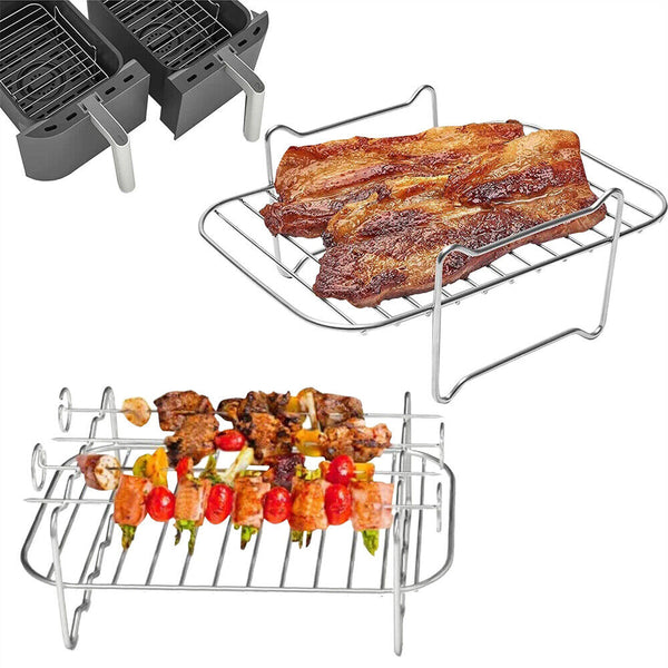 2Pcs Air Fryer Rack with 4 Barbecue Sticks for Double Basket Grill Accessories