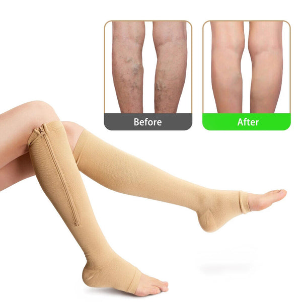 Zip Sox Compression Socks Zipper Leg Support Knee Open Toe Shaper Stockings New