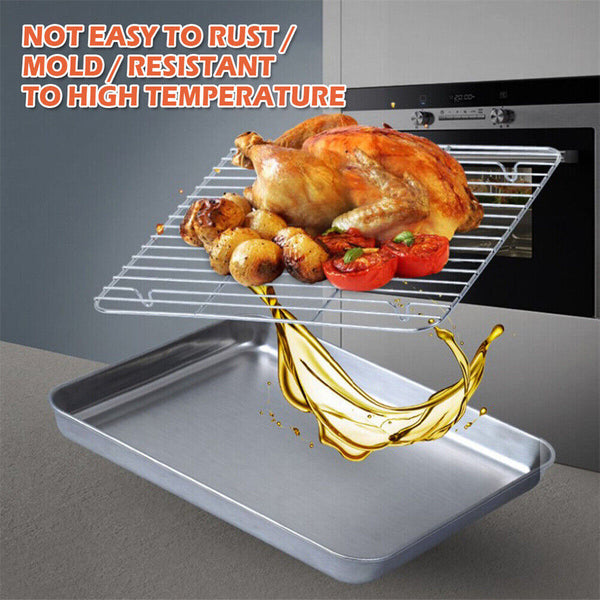 Baking Tray Set Stainless Steel Roaste Oven Sheet Pan Cooling Rack BBQ Plate AU