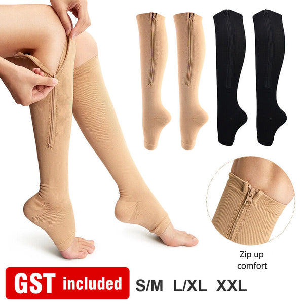 Zip Sox Compression Socks Zipper Leg Support Knee Open Toe Shaper Stockings New