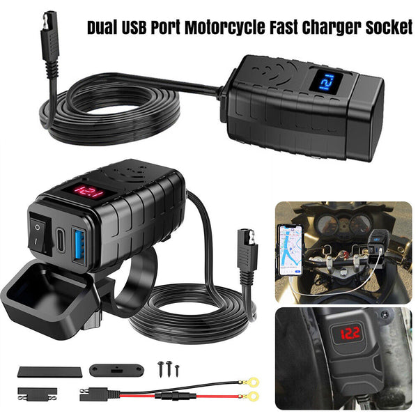 Dual USB Port Motorcycle Fast Charger Socket LED Voltmeter  ON OFF Switch Red