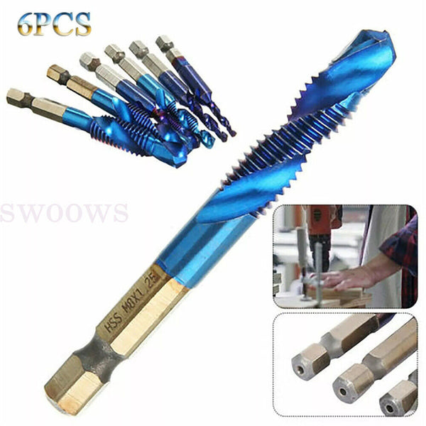 6PCS Metric Thread M3-M10 Titanium Coated Drill and Tap Bits 1/4 Hex Shank Tools