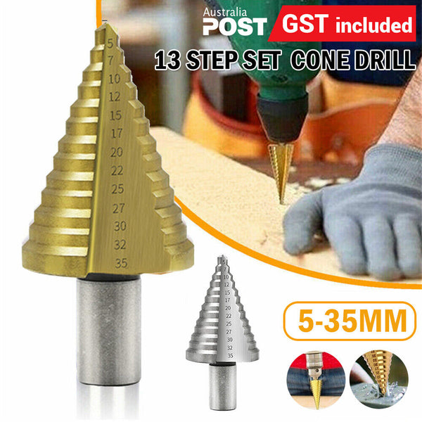 13Step Set HSS Steel Cutter Conical Spiral Groove Titanium Bit Cone Drill 5-35mm