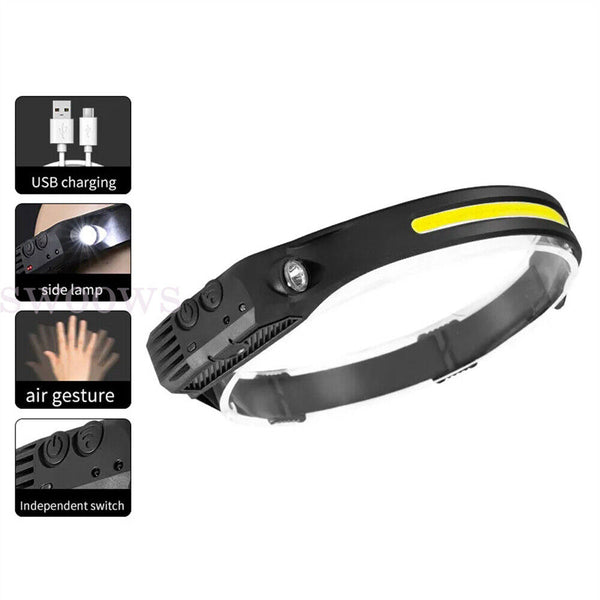 Waterproof COB LED Headlamp Motion Sensor Head Torch USB Rechargeable Headlight