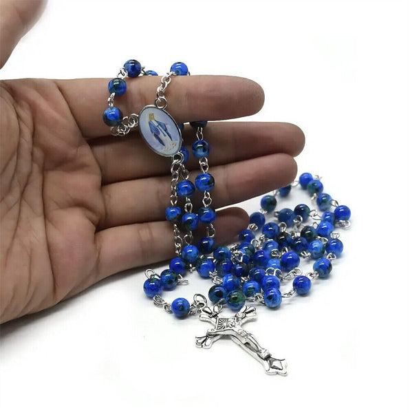 Rosary Beads Bead Blue Glass Necklace Crucifix Catholic Jesus Mary Catholic